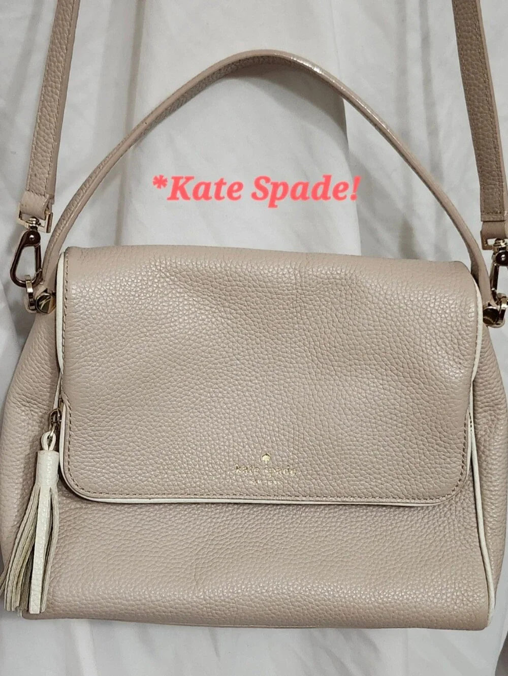 Kate Spade Taupe Pebbled Leather Shoulder Bag with Tassel